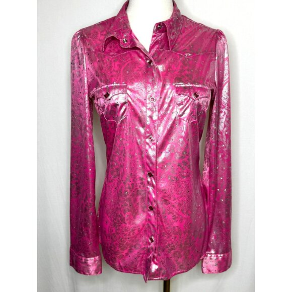 Roper Tops - Roper Womens Metallic Pink Paisley Western Shirt Small Rhinestone Rockabilly